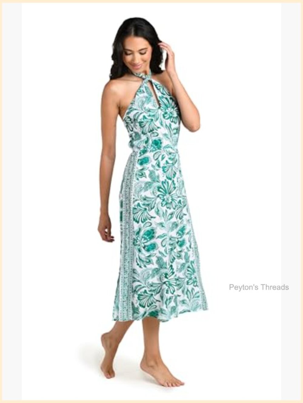 Midi Dress Swimsuit Cover Up Halter Neck Smocked Back - Picture 3 of 5